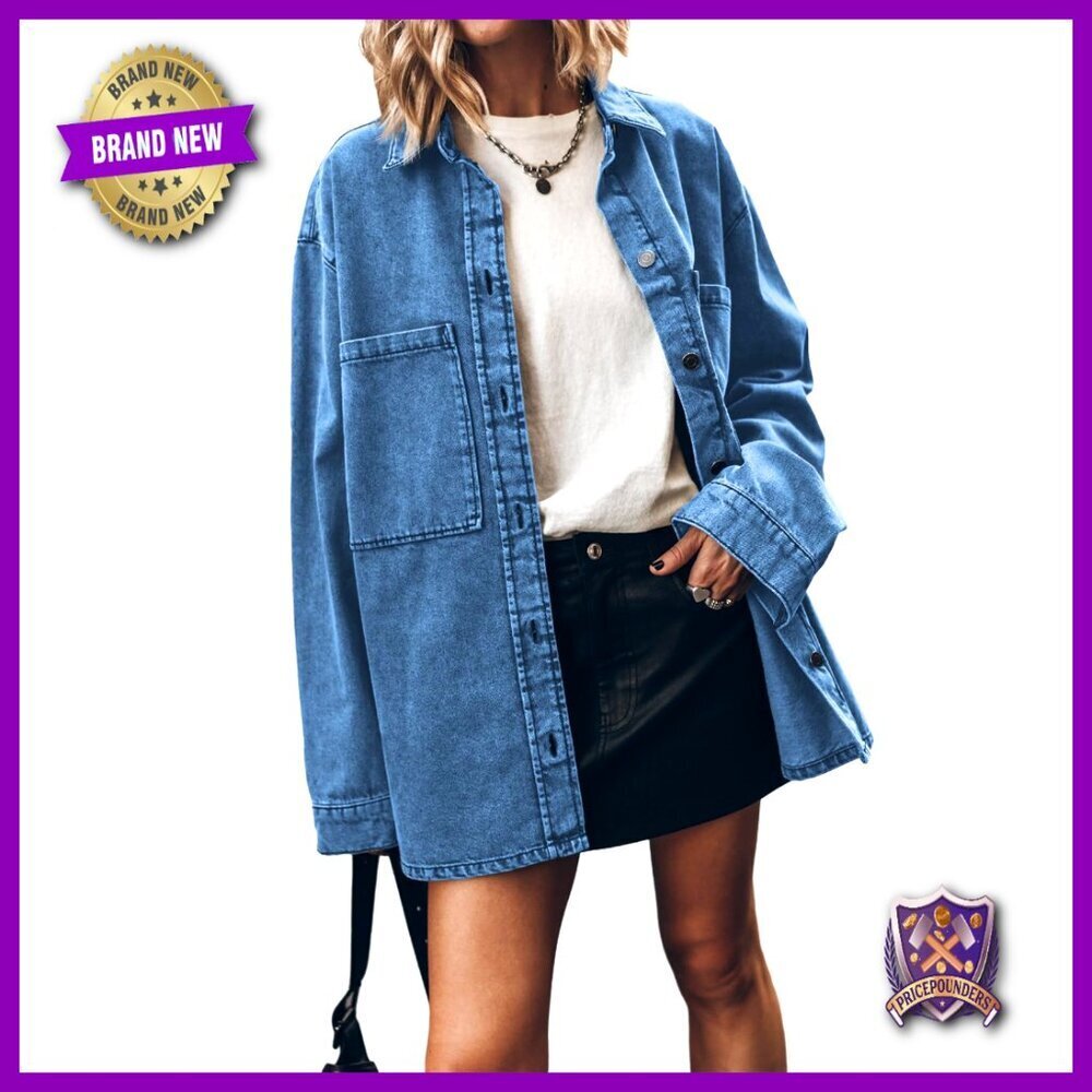 Oversized Denim Jacket Classic Button Up Casual Chic Boyfriend Fit Long Sleeve
